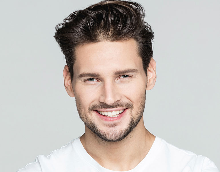 Hair restoration treatment services background with man’s hairline improvement illustration